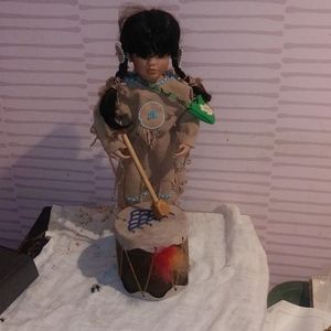 Vintage Porcelain Native American Doll w/Drum+Bag